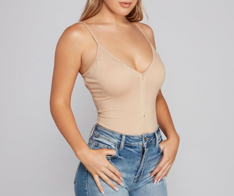 TableClothsUs Basic Zip-Front Ribbed Knit Bodysuit