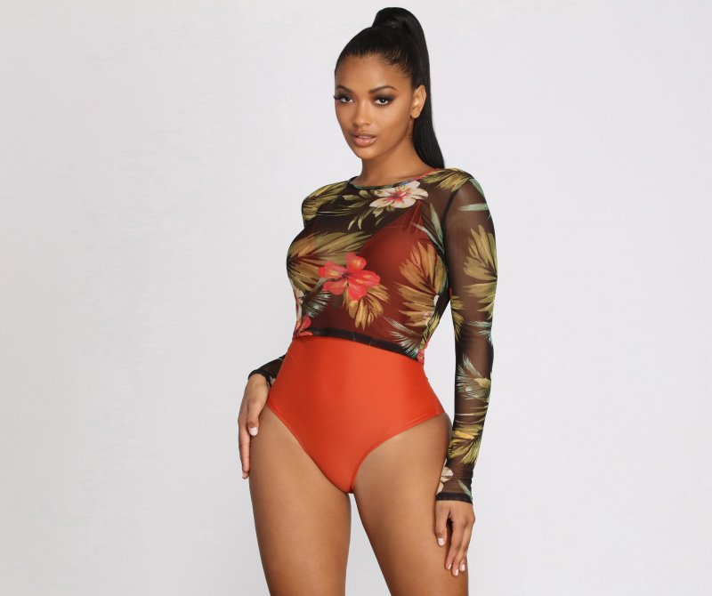 TableClothsUs Tropical Long Sleeve Mesh Crop Top