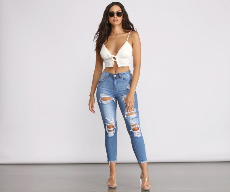 TableClothsUs Double Row Tie Front Ribbed Crop Top