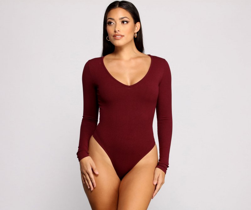 TableClothsUs Basic Long Sleeve V-Neck Bodysuit