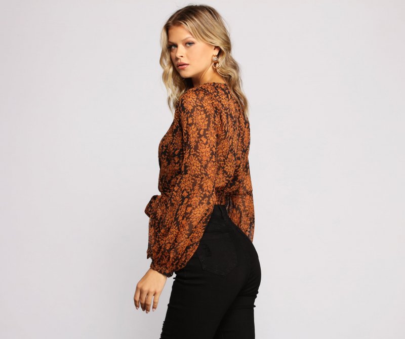 TableClothsUs Fall Floral Wrap Front Crop Top