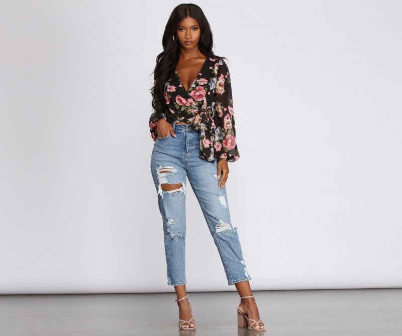 TableClothsUs Floral Chiffon Wrap Front Blouse