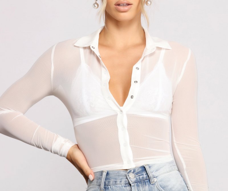 TableClothsUs Basic Collared Button Down Mesh Top