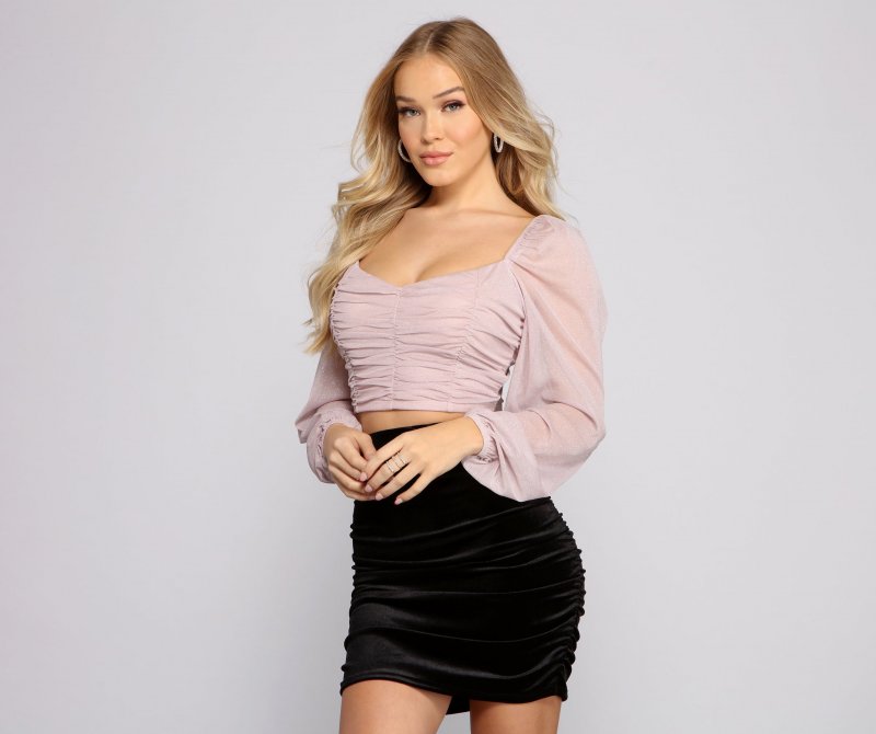 TableClothsUs Glitter Lurex Puff Sleeve Crop Top