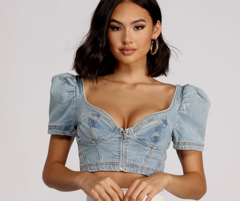 TableClothsUs Good Vibes Cropped Denim Puff Sleeve Top