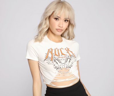 TableClothsUs Rocker Chic Cropped Graphic Tee