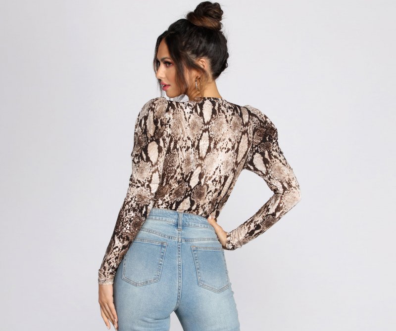 TableClothsUs Puff Sleeve Snake Print Bodysuit