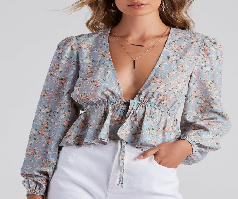 TableClothsUs May Flowers Crepe Tie-Front Top