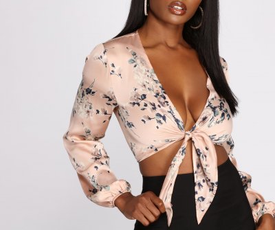 TableClothsUs Blooming Beauty Satin Tie Front Top