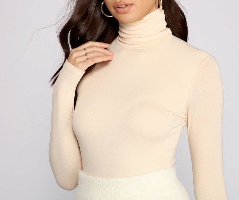 TableClothsUs Basic Long Sleeve Crepe Turtleneck Bodysuit