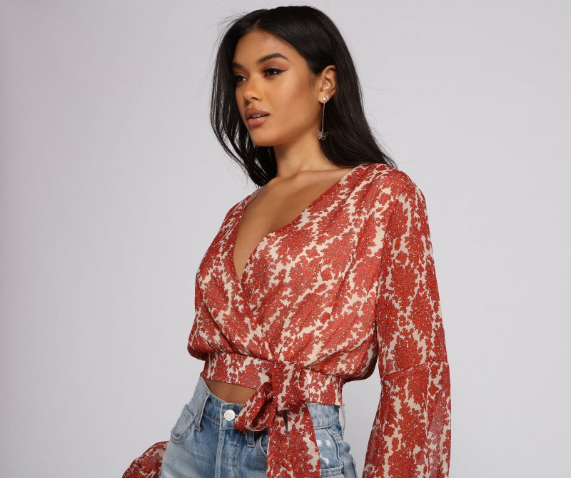 TableClothsUs Fall Floral Wrap Front Crop Top