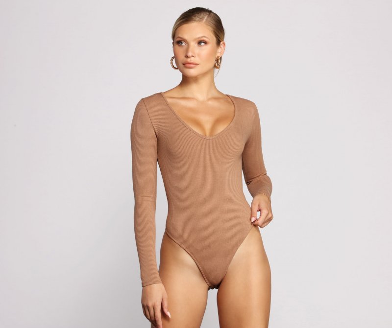 TableClothsUs Basic Long Sleeve V-Neck Bodysuit