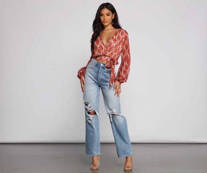 TableClothsUs Fall Floral Wrap Front Crop Top