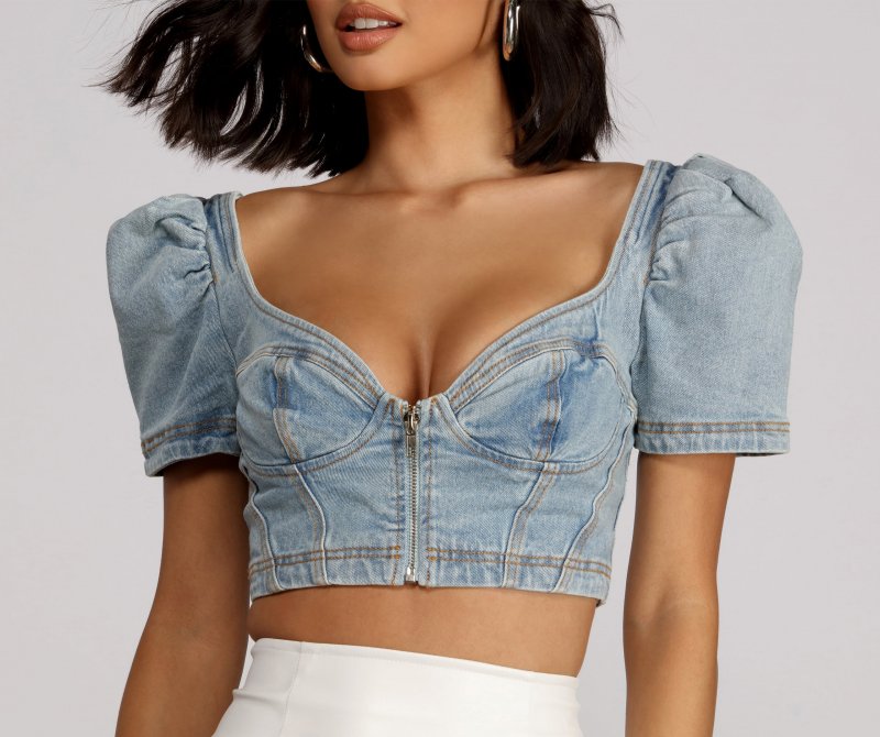 TableClothsUs Good Vibes Cropped Denim Puff Sleeve Top