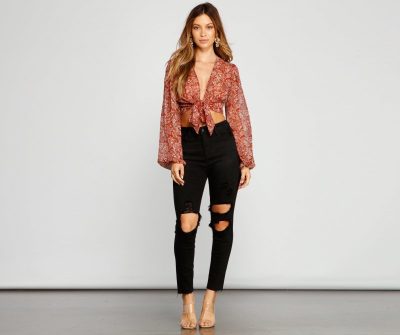 TableClothsUs Retro Babe Chiffon Paisley Print Tie-Front Blouse