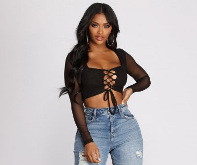 TableClothsUs Lace Up Mesh Crop Top