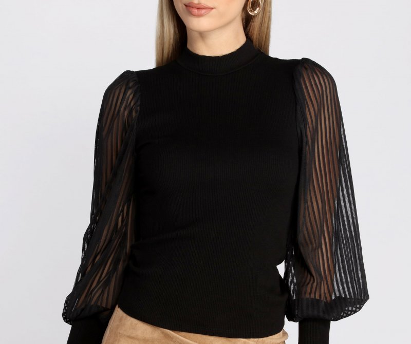 TableClothsUs Sheer Balloon Sleeve Mock Neck Top